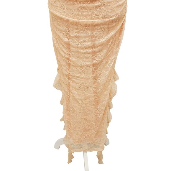 Strapless Peach Lace Midi Dress With Ruched Details & Ruffle Hem Size S - Picture 6 of 12